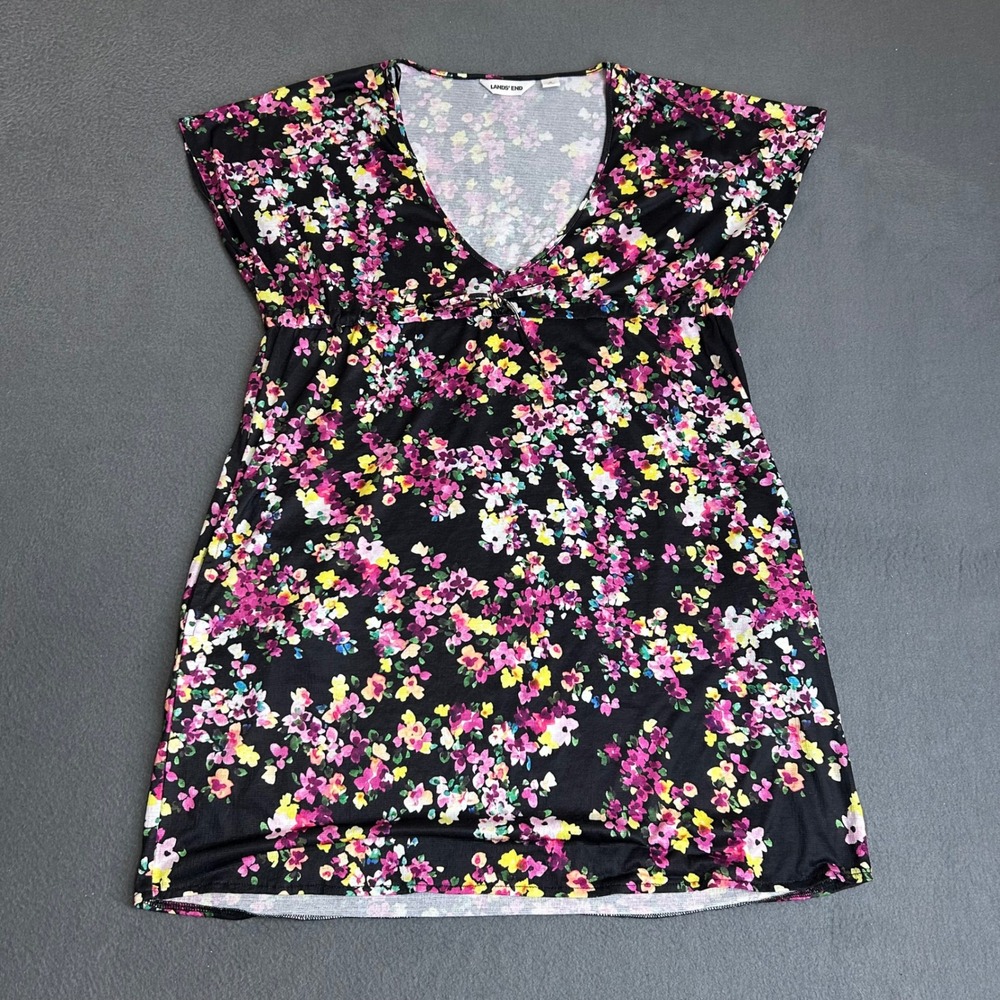 Lands End Tunic Dress Womens XL Black Floral Empire Waist Pocket Short Sleeve